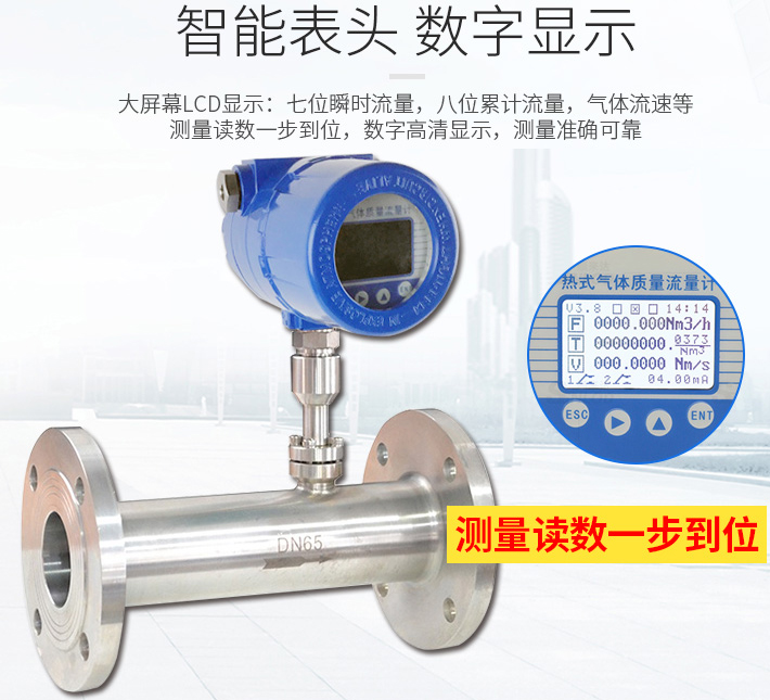 DN65熱式氣體質(zhì)量流量計液晶表頭顯示圖